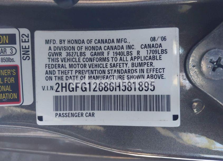 Photo 9 of 2006 Honda Civic LX (VIN 2HGFG12686H581895)