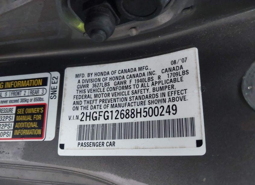 Photo 9 of 2008 Honda Civic LX (VIN 2HGFG12688H500249)