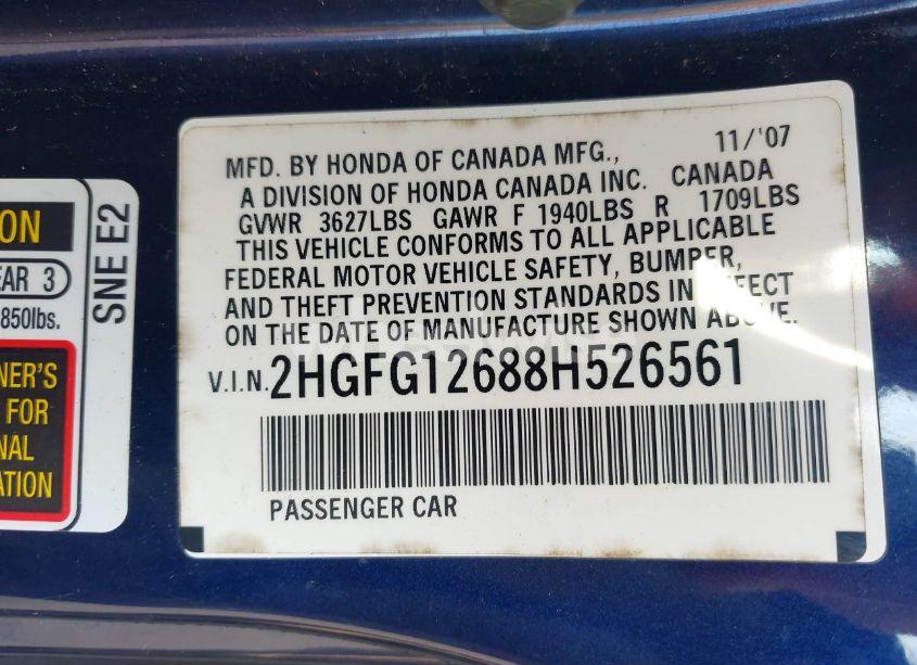 Photo 9 of 2008 Honda Civic LX (VIN 2HGFG12688H526561)