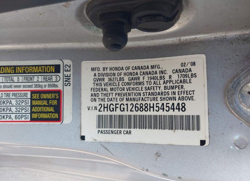 Photo 9 of 2008 Honda Civic LX (VIN 2HGFG12688H545448)
