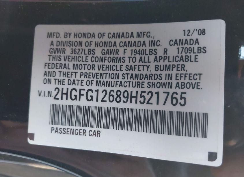 Photo 7 of 2009 Honda Civic LX (VIN 2HGFG12689H521765)
