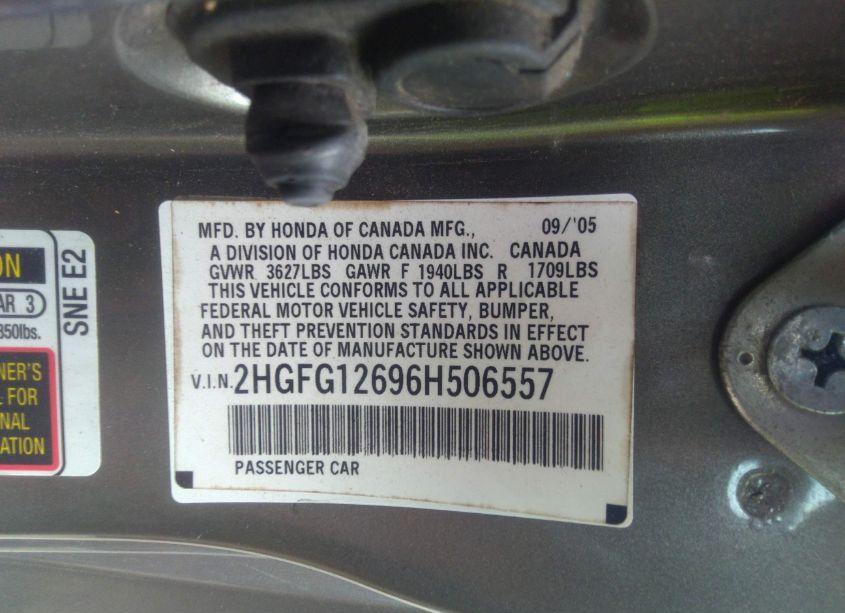 Photo 9 of 2006 Honda Civic LX (VIN 2HGFG12696H506557)