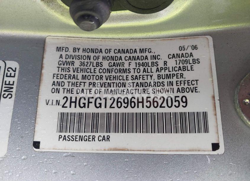 Photo 9 of 2006 Honda Civic LX (VIN 2HGFG12696H562059)