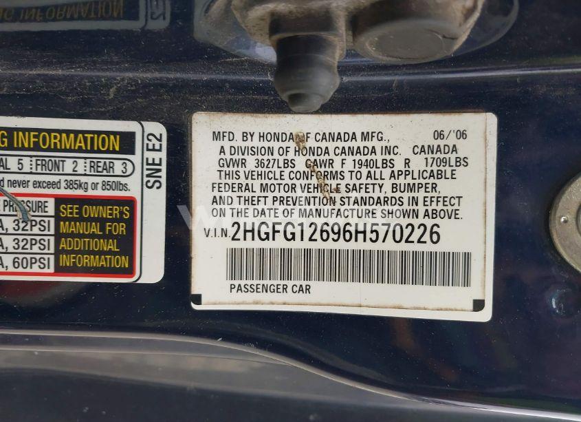 Photo 9 of 2006 Honda Civic LX (VIN 2HGFG12696H570226)