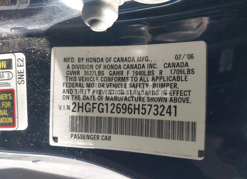 Photo 9 of 2006 Honda Civic LX (VIN 2HGFG12696H573241)