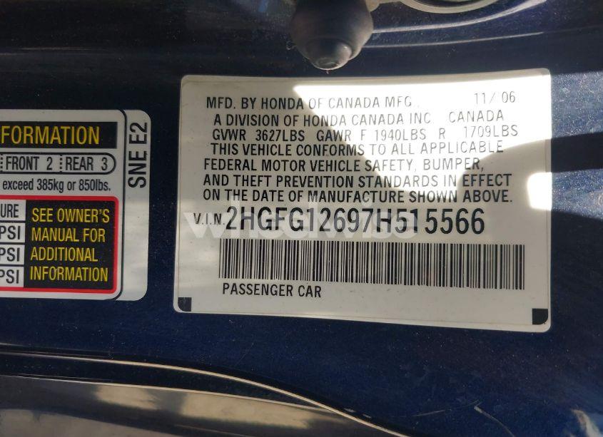 Photo 9 of 2007 Honda Civic LX (VIN 2HGFG12697H515566)