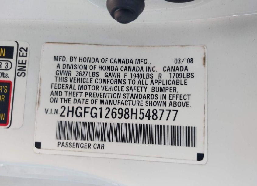 Photo 9 of 2008 Honda Civic LX (VIN 2HGFG12698H548777)