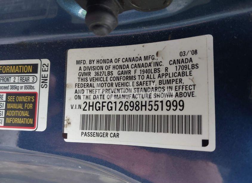 Photo 9 of 2008 Honda Civic LX (VIN 2HGFG12698H551999)