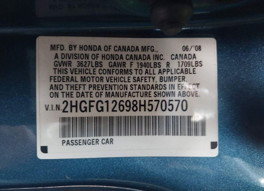 Photo 9 of 2008 Honda Civic LX (VIN 2HGFG12698H570570)