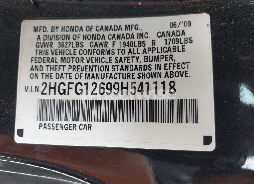 Photo 9 of 2009 Honda Civic LX (VIN 2HGFG12699H541118)