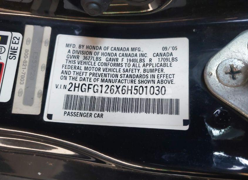 Photo 9 of 2006 Honda Civic LX (VIN 2HGFG126X6H501030)