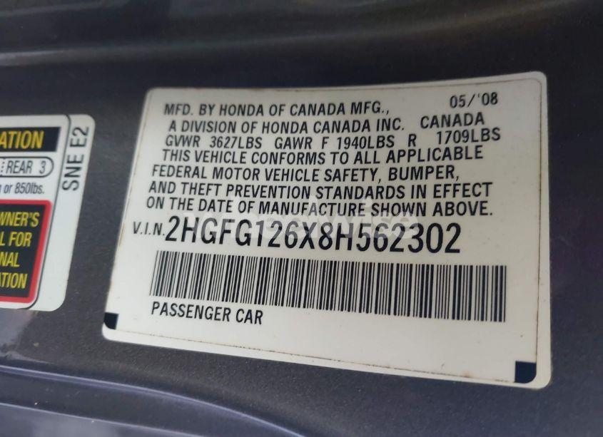Photo 9 of 2008 Honda Civic LX (VIN 2HGFG126X8H562302)