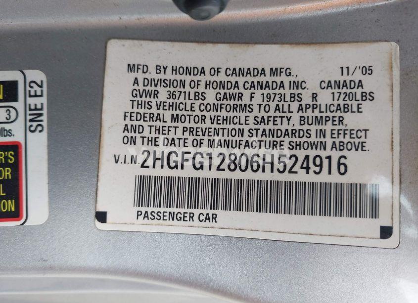 Photo 9 of 2006 Honda Civic EX (VIN 2HGFG12806H524916)