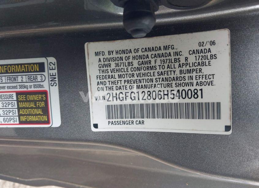 Photo 9 of 2006 Honda Civic EX (VIN 2HGFG12806H540081)