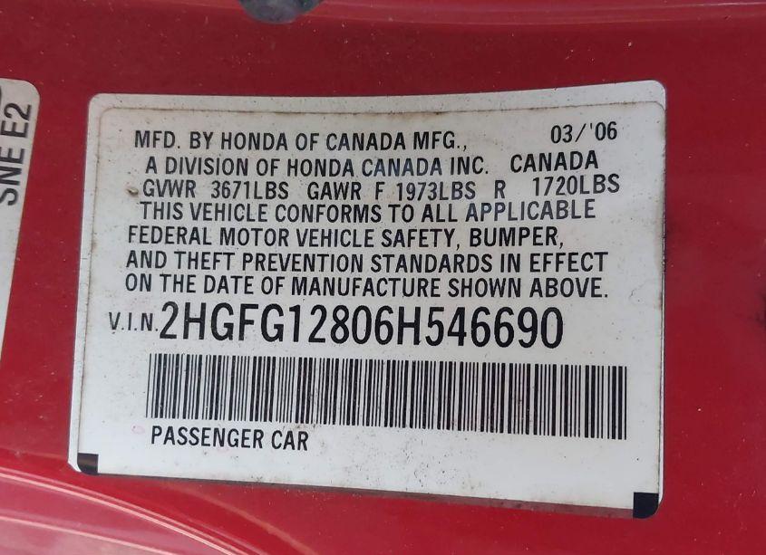 Photo 9 of 2006 Honda Civic EX (VIN 2HGFG12806H546690)