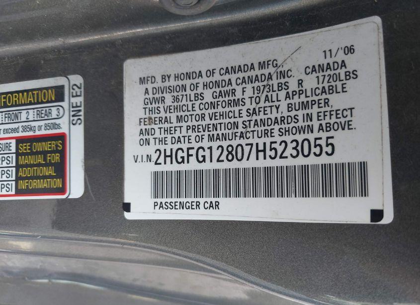 Photo 9 of 2007 Honda Civic EX (VIN 2HGFG12807H523055)