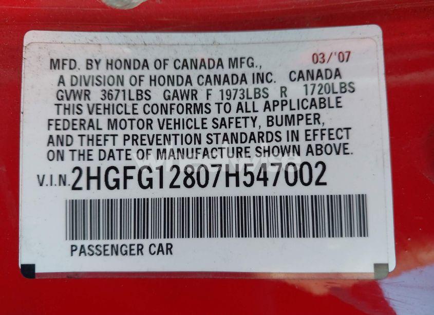 Photo 9 of 2007 Honda Civic EX (VIN 2HGFG12807H547002)