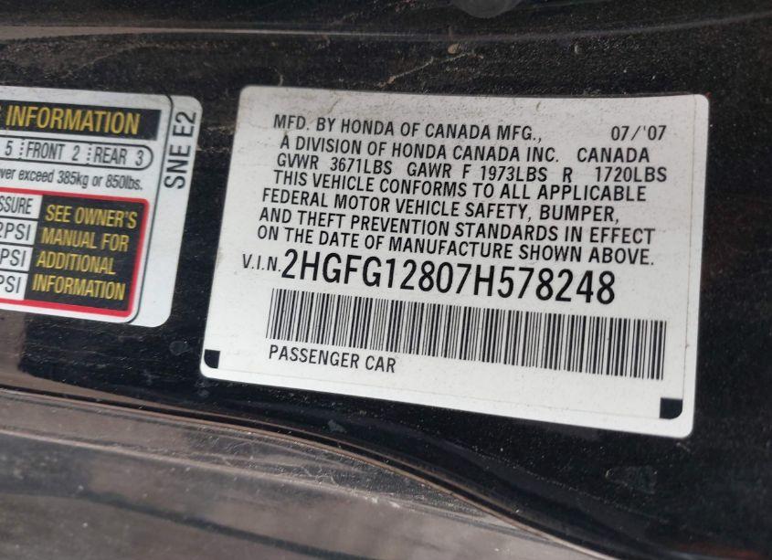 Photo 9 of 2007 Honda Civic EX (VIN 2HGFG12807H578248)