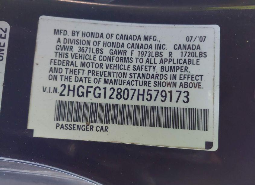 Photo 9 of 2007 Honda Civic EX (VIN 2HGFG12807H579173)