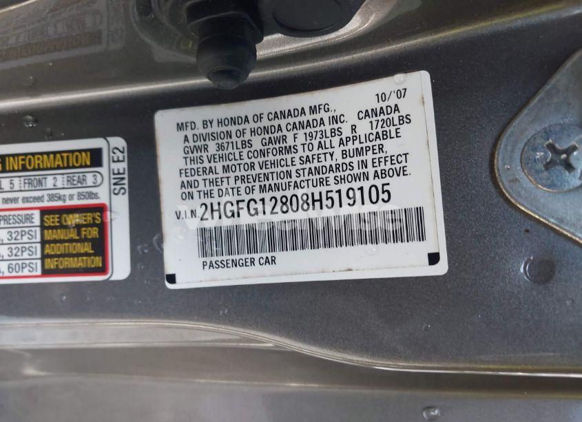 Photo 9 of 2008 Honda Civic EX (VIN 2HGFG12808H519105)