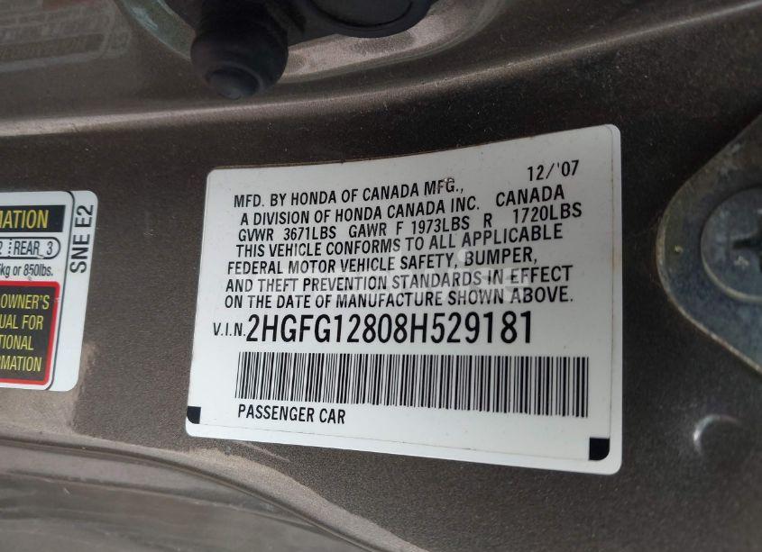 Photo 9 of 2008 Honda Civic EX (VIN 2HGFG12808H529181)