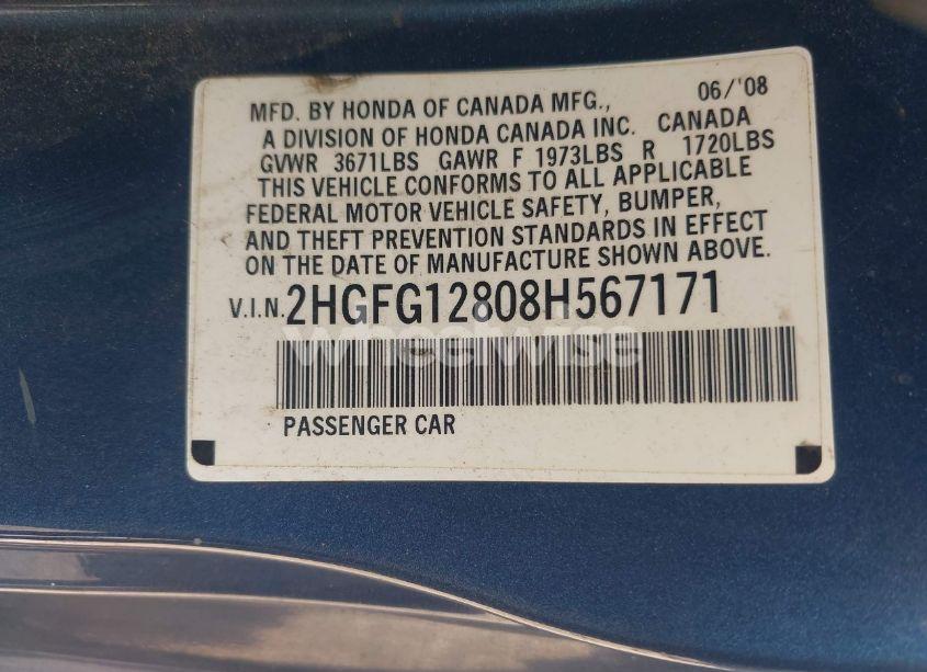 Photo 9 of 2008 Honda Civic EX (VIN 2HGFG12808H567171)