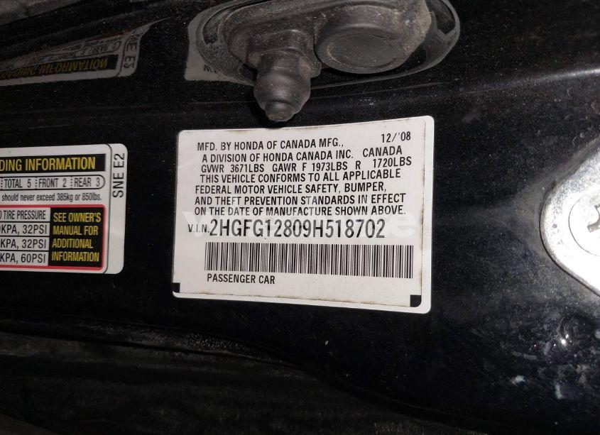 Photo 9 of 2009 Honda Civic EX (VIN 2HGFG12809H518702)