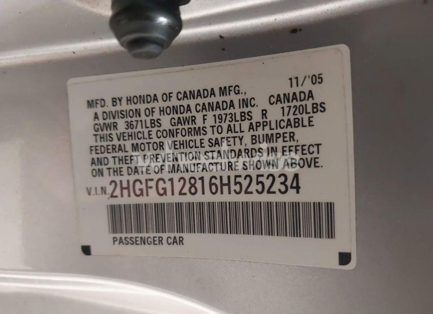 Photo 9 of 2006 Honda Civic EX (VIN 2HGFG12816H525234)