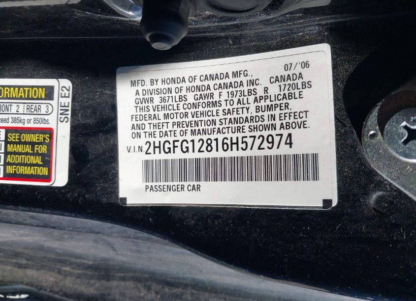 Photo 9 of 2006 Honda Civic EX (VIN 2HGFG12816H572974)