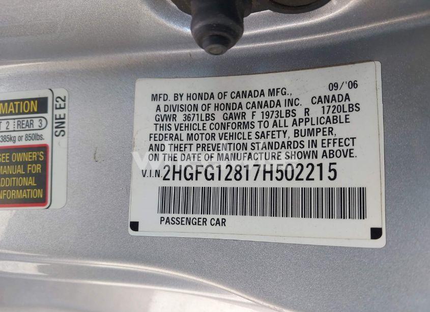 Photo 9 of 2007 Honda Civic EX (VIN 2HGFG12817H502215)