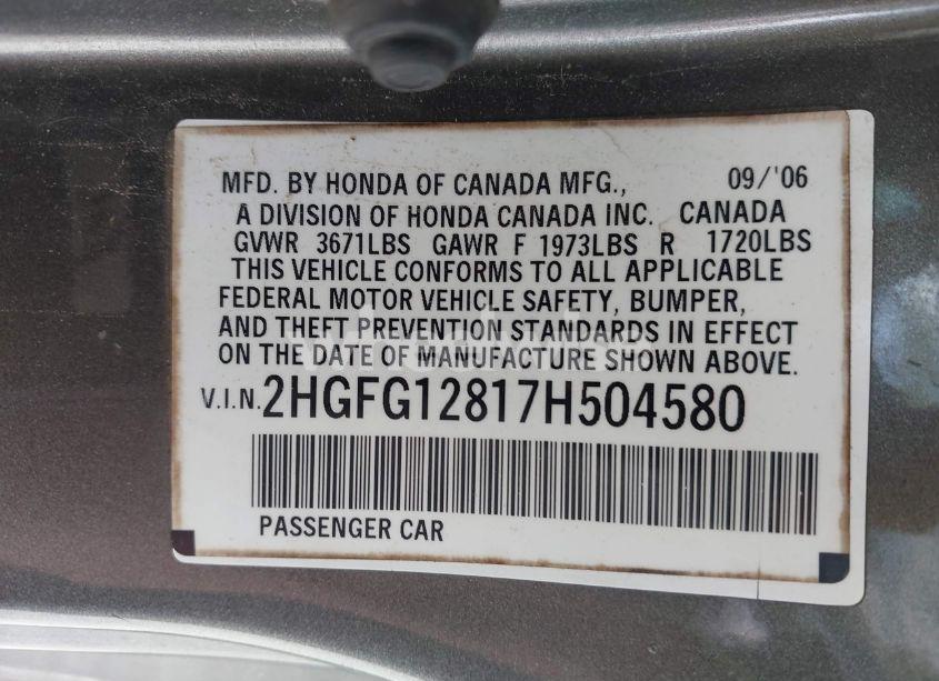 Photo 9 of 2007 Honda Civic EX (VIN 2HGFG12817H504580)