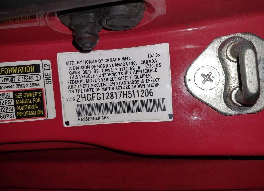 Photo 9 of 2007 Honda Civic EX (VIN 2HGFG12817H511206)