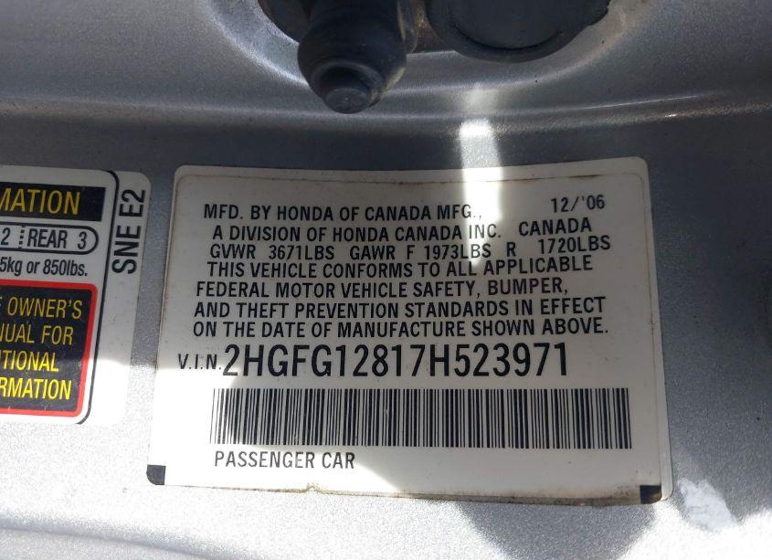 Photo 9 of 2007 Honda Civic EX (VIN 2HGFG12817H523971)