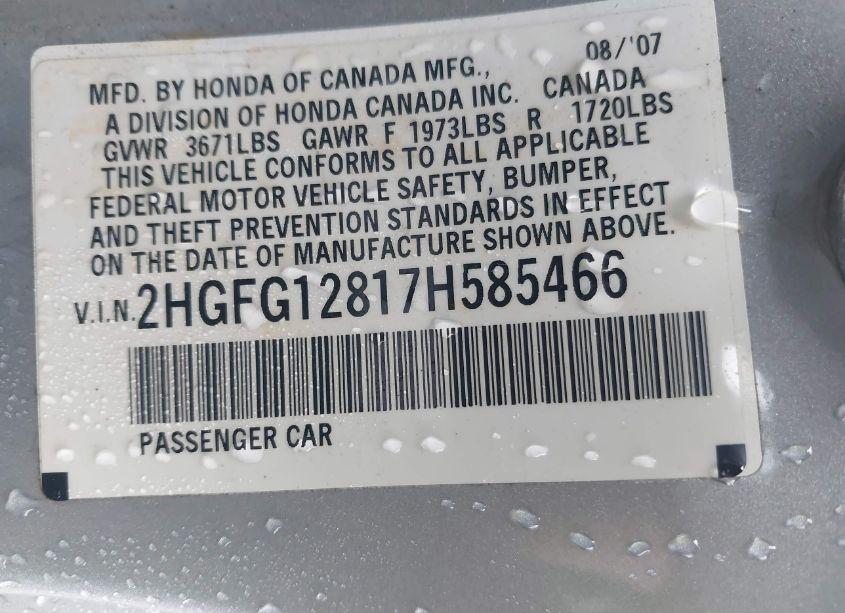 Photo 9 of 2007 Honda Civic EX (VIN 2HGFG12817H585466)