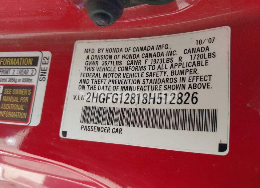 Photo 9 of 2008 Honda Civic EX (VIN 2HGFG12818H512826)