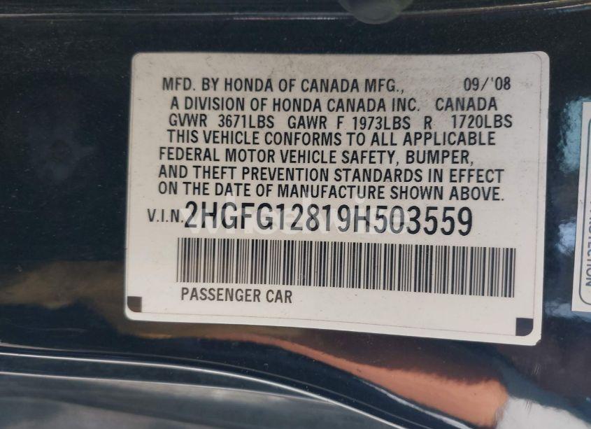 Photo 9 of 2009 Honda Civic EX (VIN 2HGFG12819H503559)