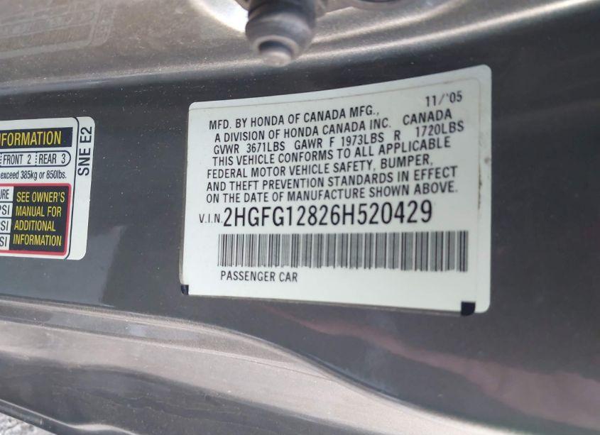 Photo 9 of 2006 Honda Civic EX (VIN 2HGFG12826H520429)