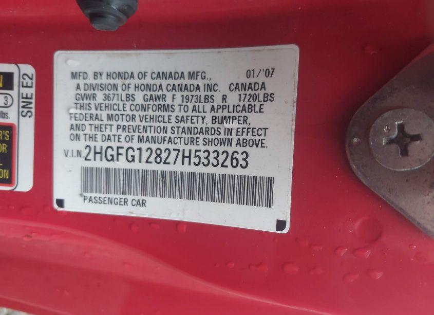 Photo 9 of 2007 Honda Civic EX (VIN 2HGFG12827H533263)