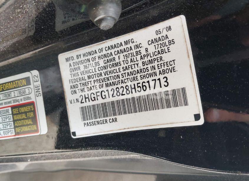 Photo 9 of 2008 Honda Civic EX (VIN 2HGFG12828H561713)