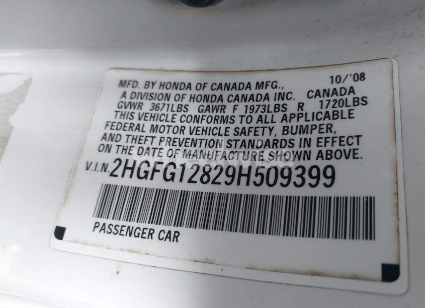 Photo 9 of 2009 Honda Civic EX (VIN 2HGFG12829H509399)