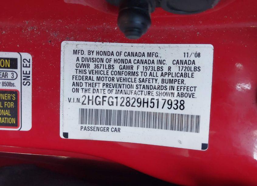 Photo 9 of 2009 Honda Civic EX (VIN 2HGFG12829H517938)