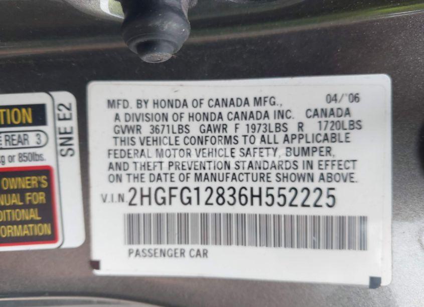 Photo 9 of 2006 Honda Civic EX (VIN 2HGFG12836H552225)