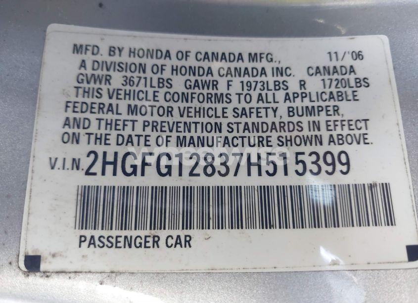 Photo 9 of 2007 Honda Civic EX (VIN 2HGFG12837H515399)