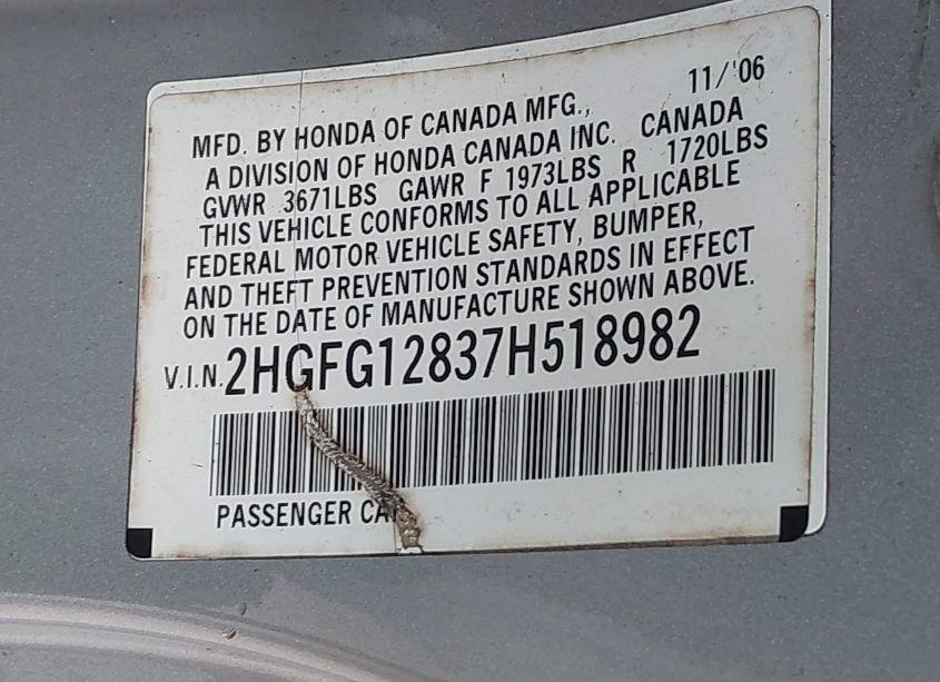 Photo 9 of 2007 Honda Civic EX (VIN 2HGFG12837H518982)