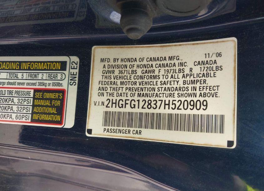 Photo 9 of 2007 Honda Civic EX (VIN 2HGFG12837H520909)