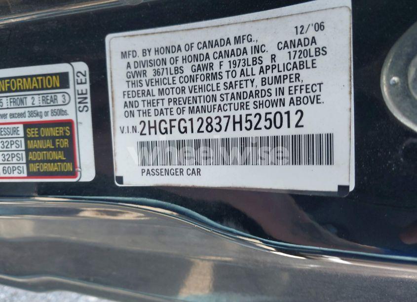 Photo 9 of 2007 Honda Civic EX (VIN 2HGFG12837H525012)