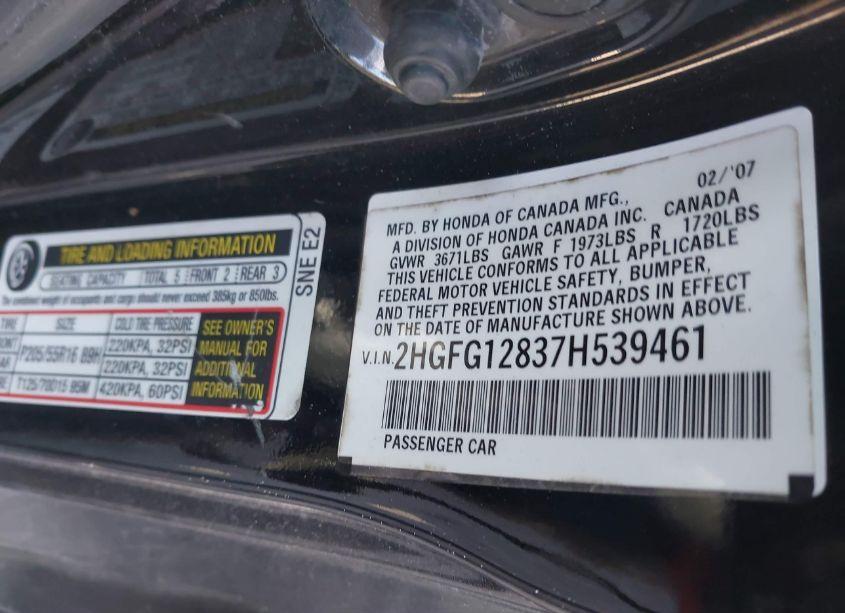 Photo 9 of 2007 Honda Civic EX (VIN 2HGFG12837H539461)