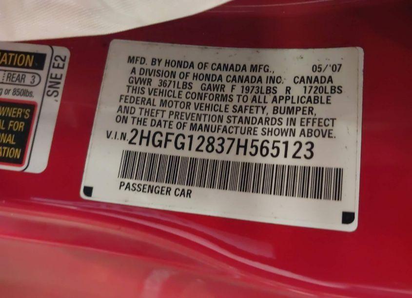 Photo 9 of 2007 Honda Civic EX (VIN 2HGFG12837H565123)