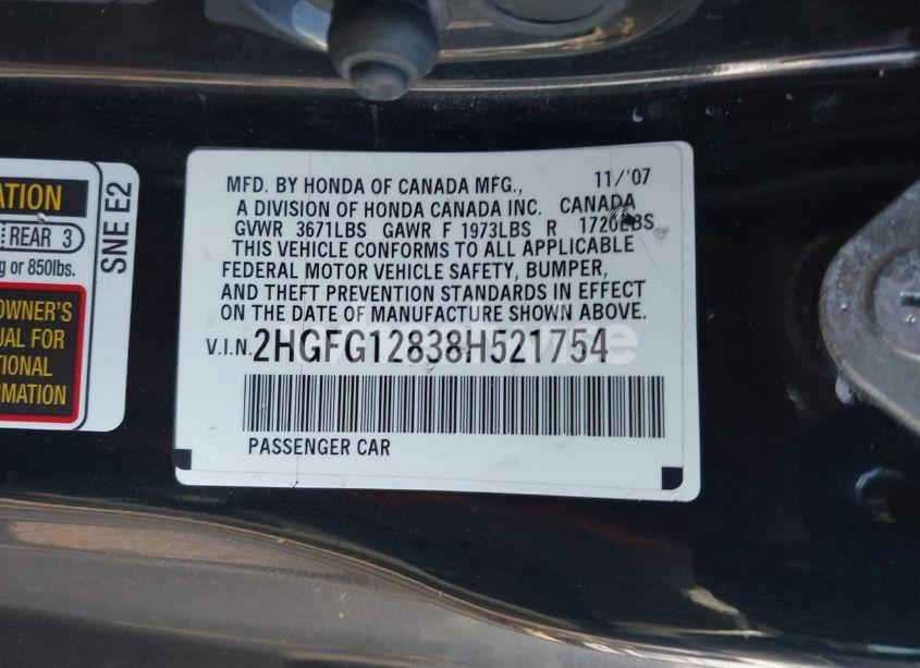 Photo 9 of 2008 Honda Civic EX (VIN 2HGFG12838H521754)