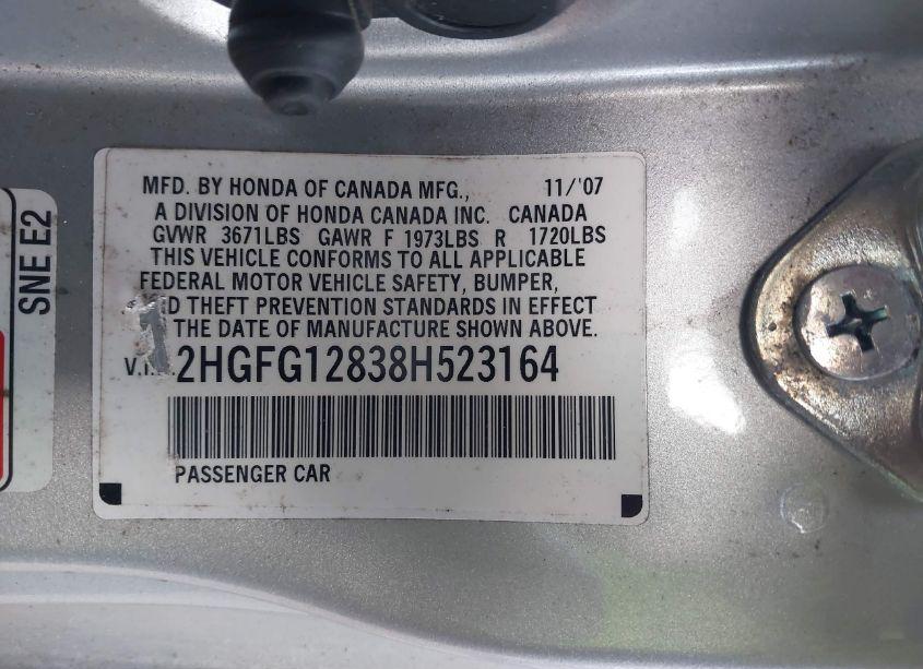 Photo 9 of 2008 Honda Civic EX (VIN 2HGFG12838H523164)
